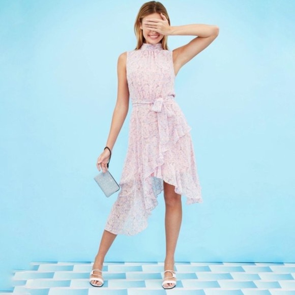 CeCe Pink floral ruffle mock neck tie waist sleeveless dress size 2